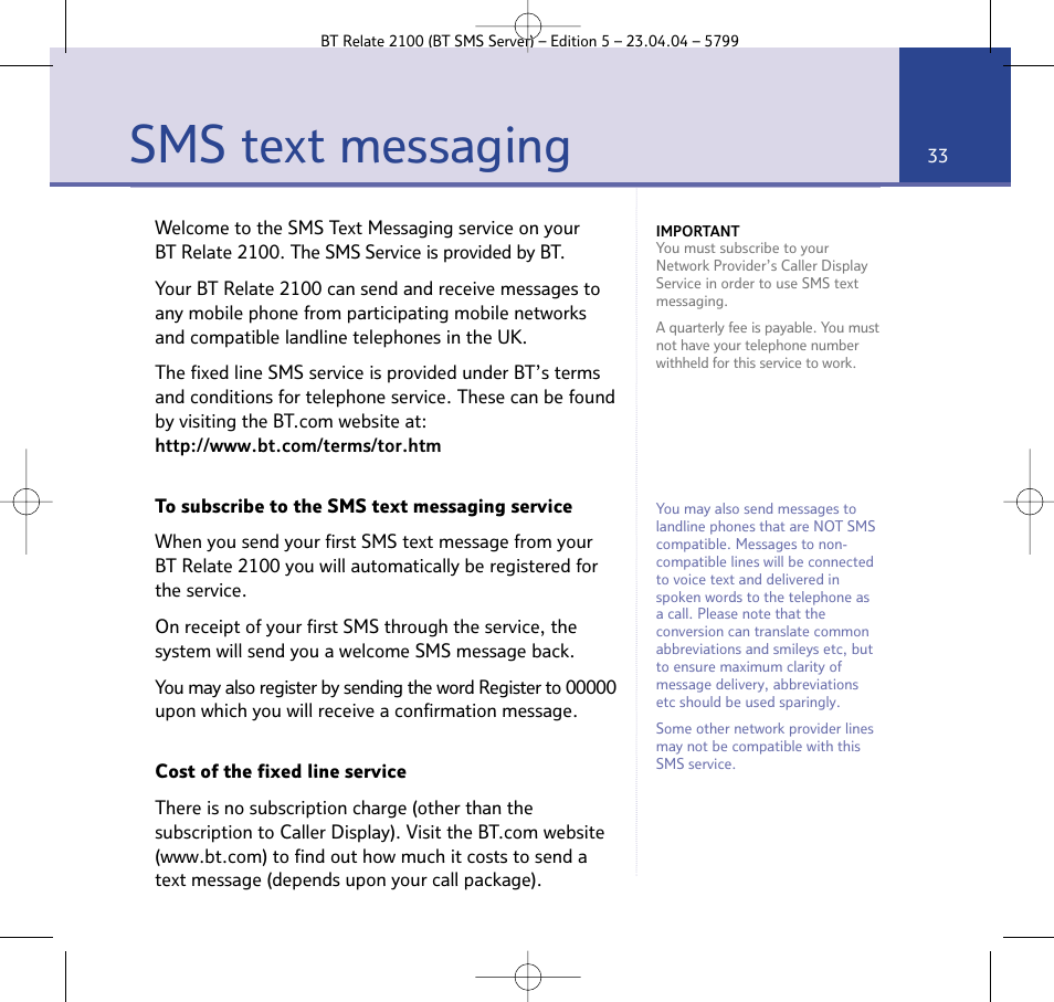 Sms text messaging | BT Relate 2100 User Manual | Page 33 / 59