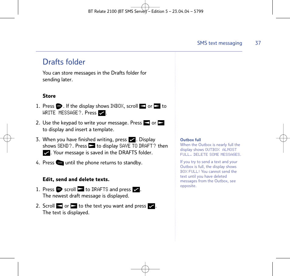 Drafts folder | BT Relate 2100 User Manual | Page 37 / 59