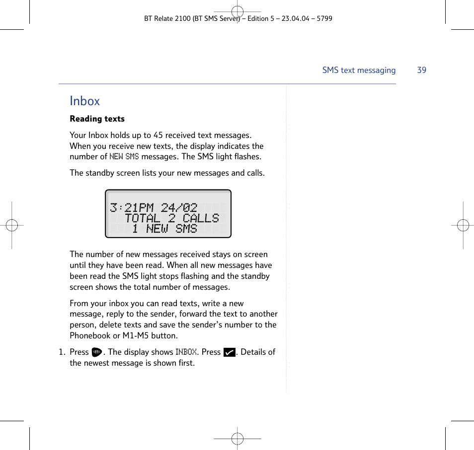 Inbox | BT Relate 2100 User Manual | Page 39 / 59