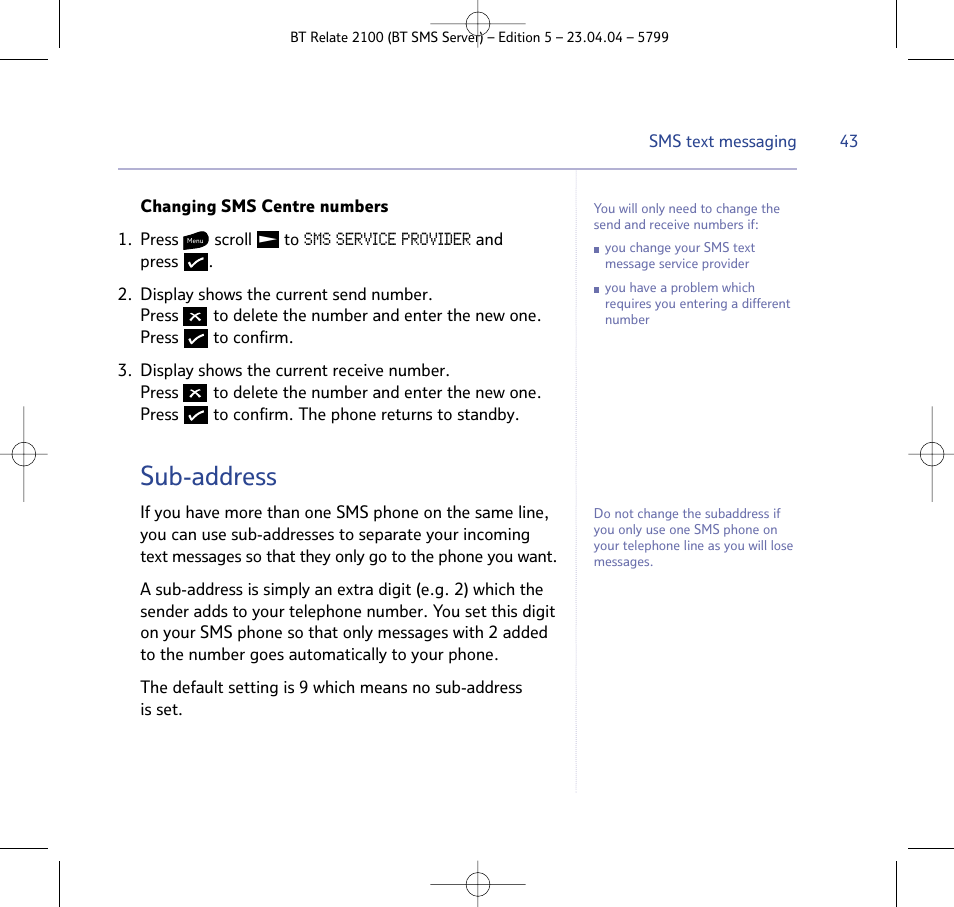 Sub-address | BT Relate 2100 User Manual | Page 43 / 59