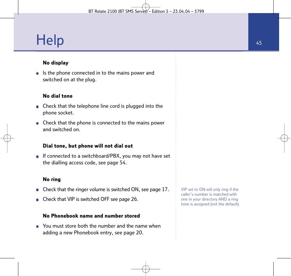 Help | BT Relate 2100 User Manual | Page 45 / 59