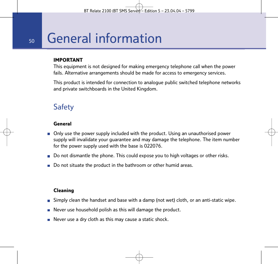 General information, Safety | BT Relate 2100 User Manual | Page 50 / 59