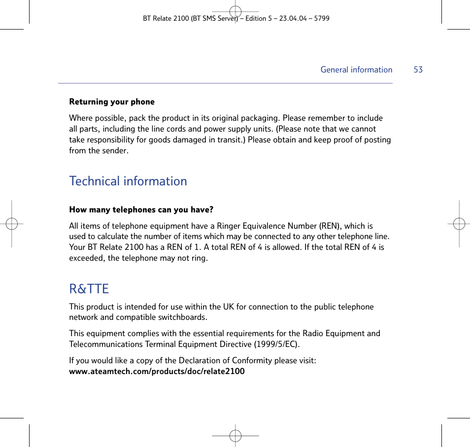 Technical information, R&tte | BT Relate 2100 User Manual | Page 53 / 59