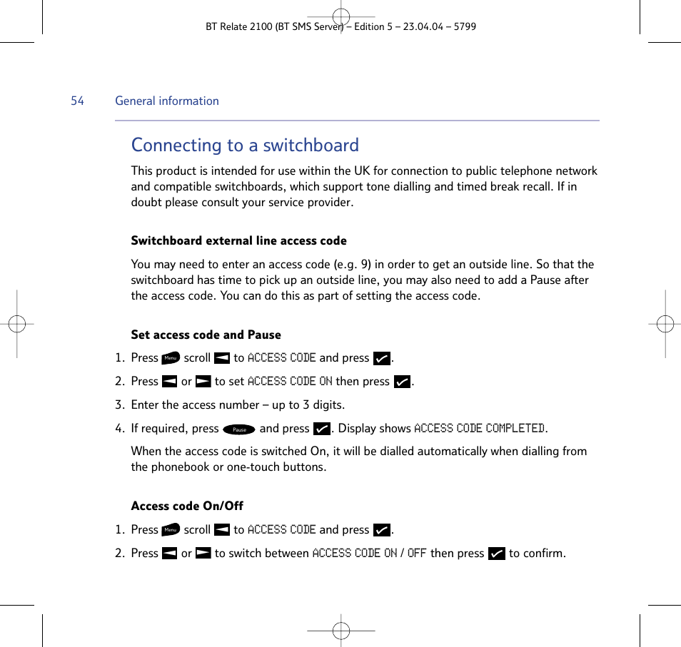 Connecting to a switchboard | BT Relate 2100 User Manual | Page 54 / 59