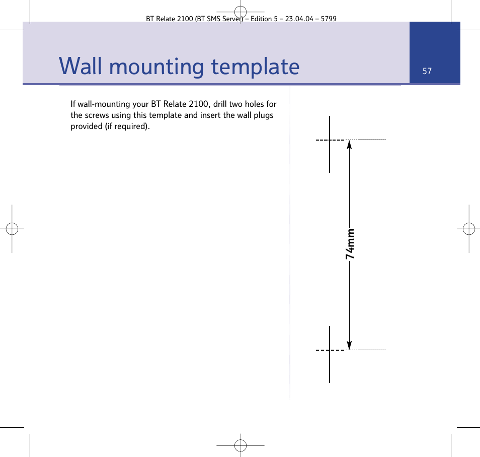 Wall mounting template | BT Relate 2100 User Manual | Page 57 / 59