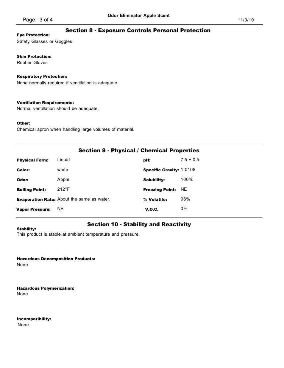 Material safety data sheet | Pro-Link Odor Eliminator Apple D13181 User Manual | Page 3 / 4