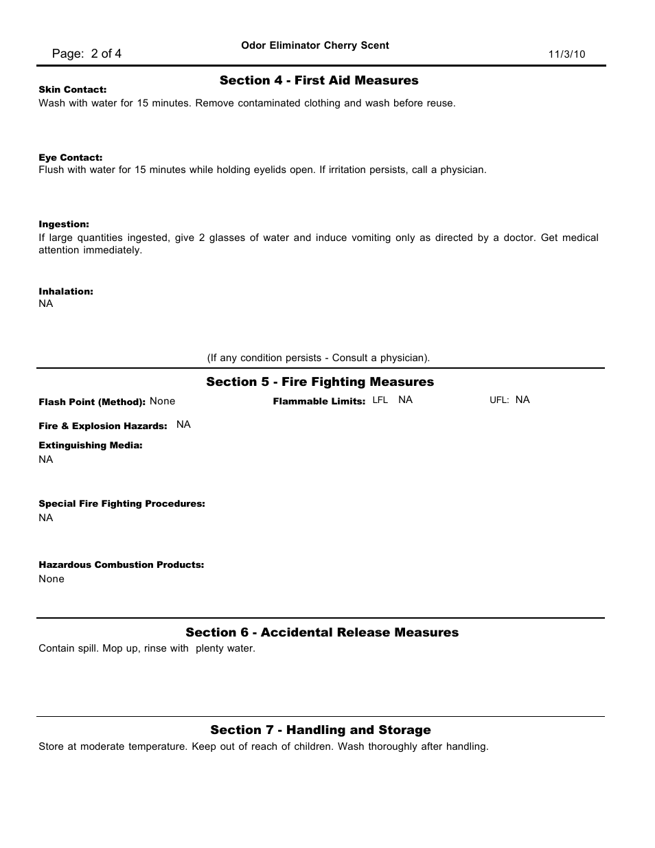 Material safety data sheet | Pro-Link Odor Eliminator Cherry D13173 User Manual | Page 2 / 4