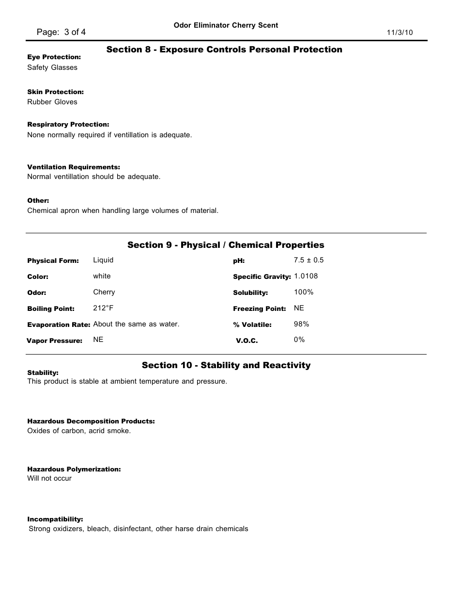 Material safety data sheet | Pro-Link Odor Eliminator Cherry D13173 User Manual | Page 3 / 4