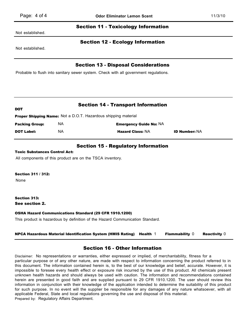 Material safety data sheet | Pro-Link Odor Eliminator Lemon D13177 User Manual | Page 4 / 4