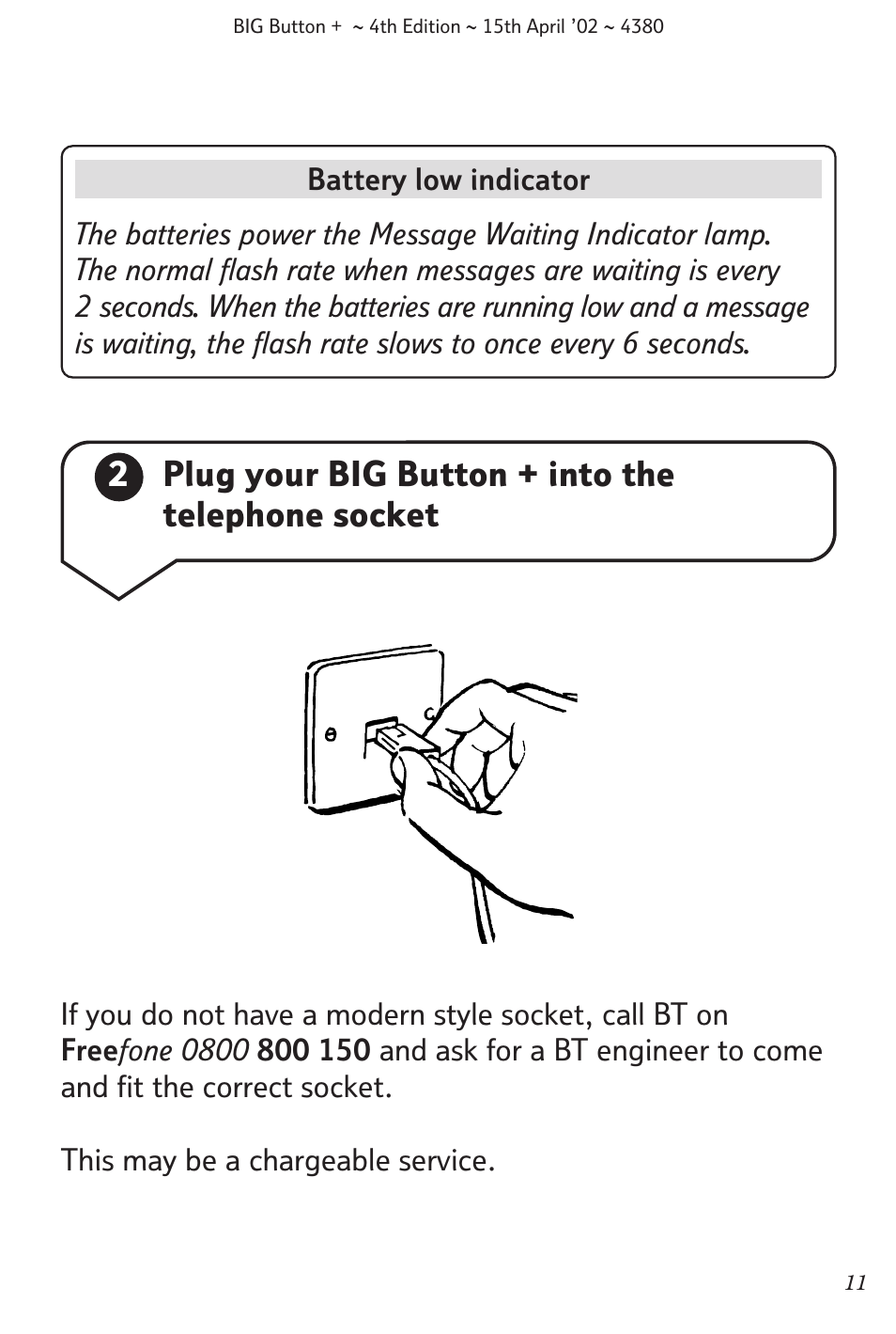 2plug your big button + into the telephone socket | BT BIG Button + User Manual | Page 12 / 40
