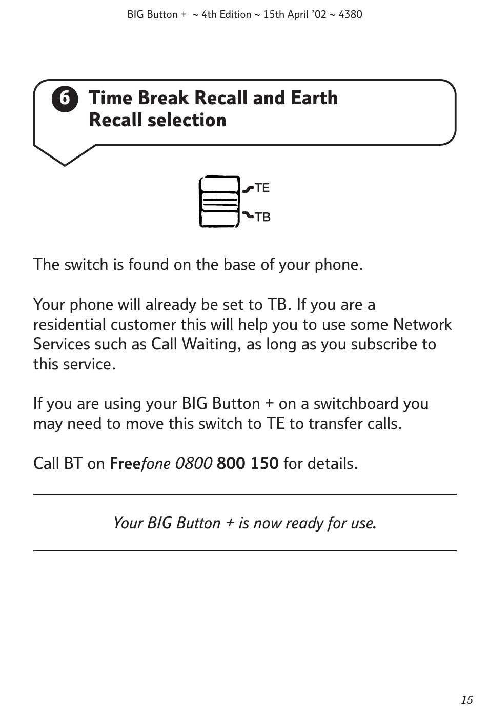 6time break recall and earth recall selection | BT BIG Button + User Manual | Page 16 / 40
