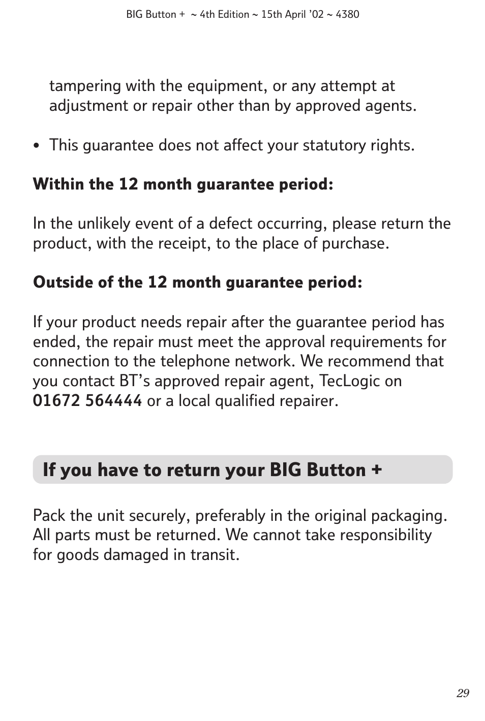 If you have to return your big button | BT BIG Button + User Manual | Page 30 / 40