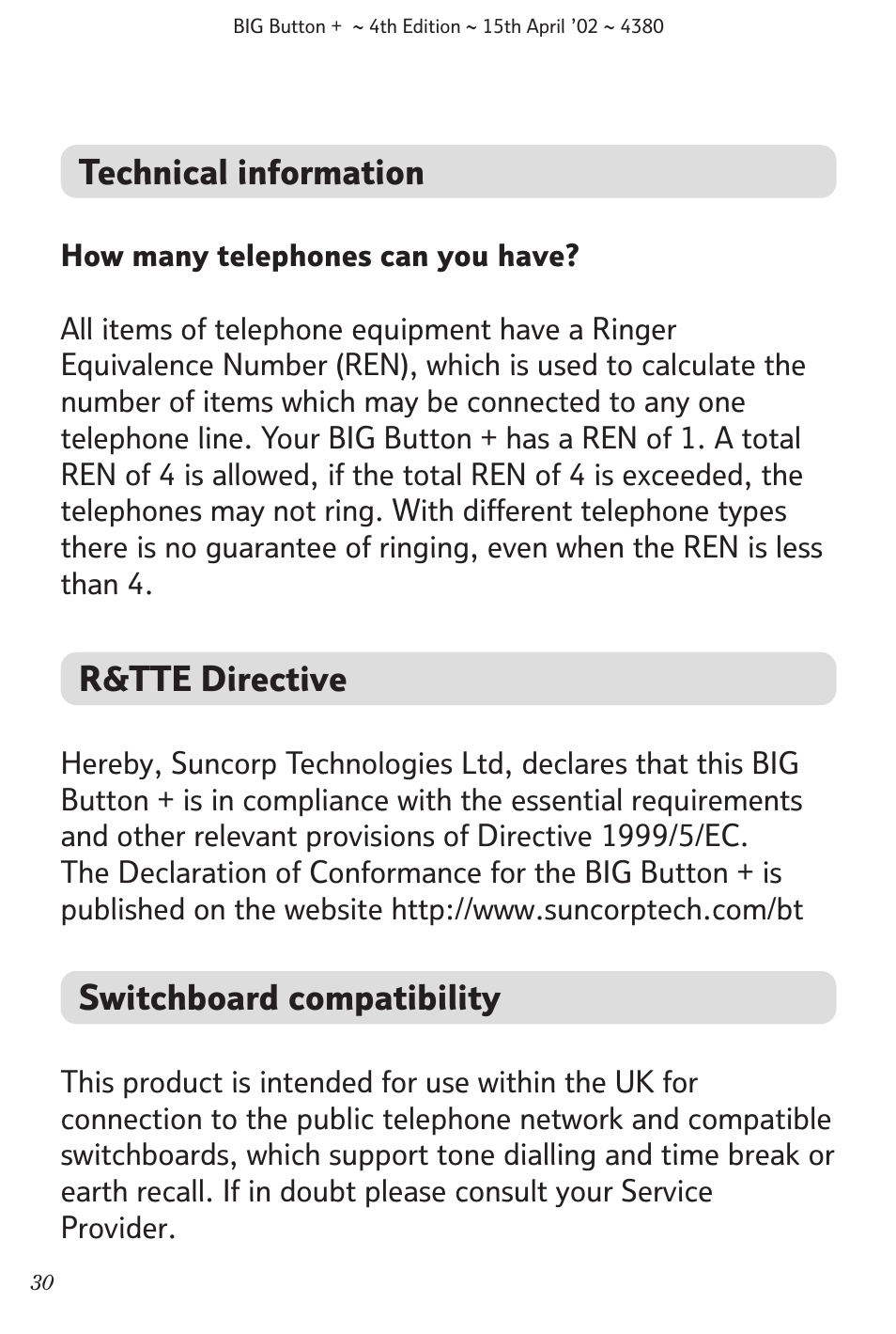 Technical information, R&tte directive, Switchboard compatibility | BT BIG Button + User Manual | Page 31 / 40
