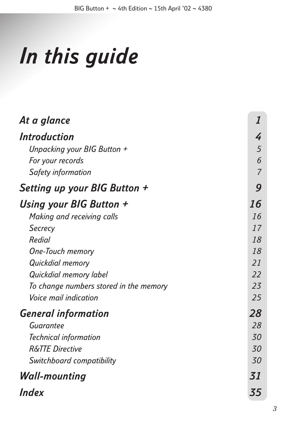 At a glance 1 introduction 4, General information 28, Wall-mounting 31 index 35 | BT BIG Button + User Manual | Page 4 / 40