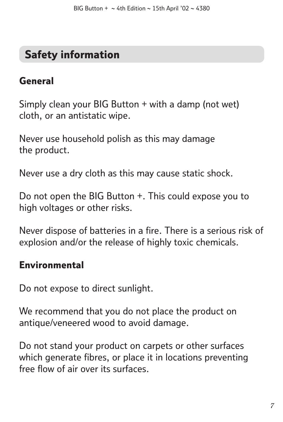 Safety information | BT BIG Button + User Manual | Page 8 / 40