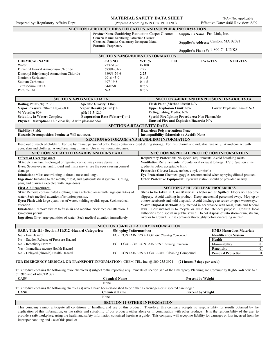 Pro-Link Sanitizing Carpet Cleaner B14145 User Manual | 1 page