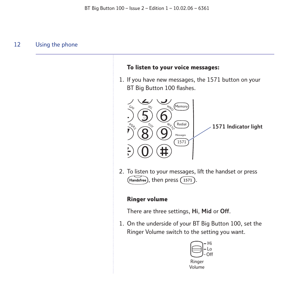 Using the phone, 1571 indicator light | BT Big Button 100 User Manual | Page 12 / 28