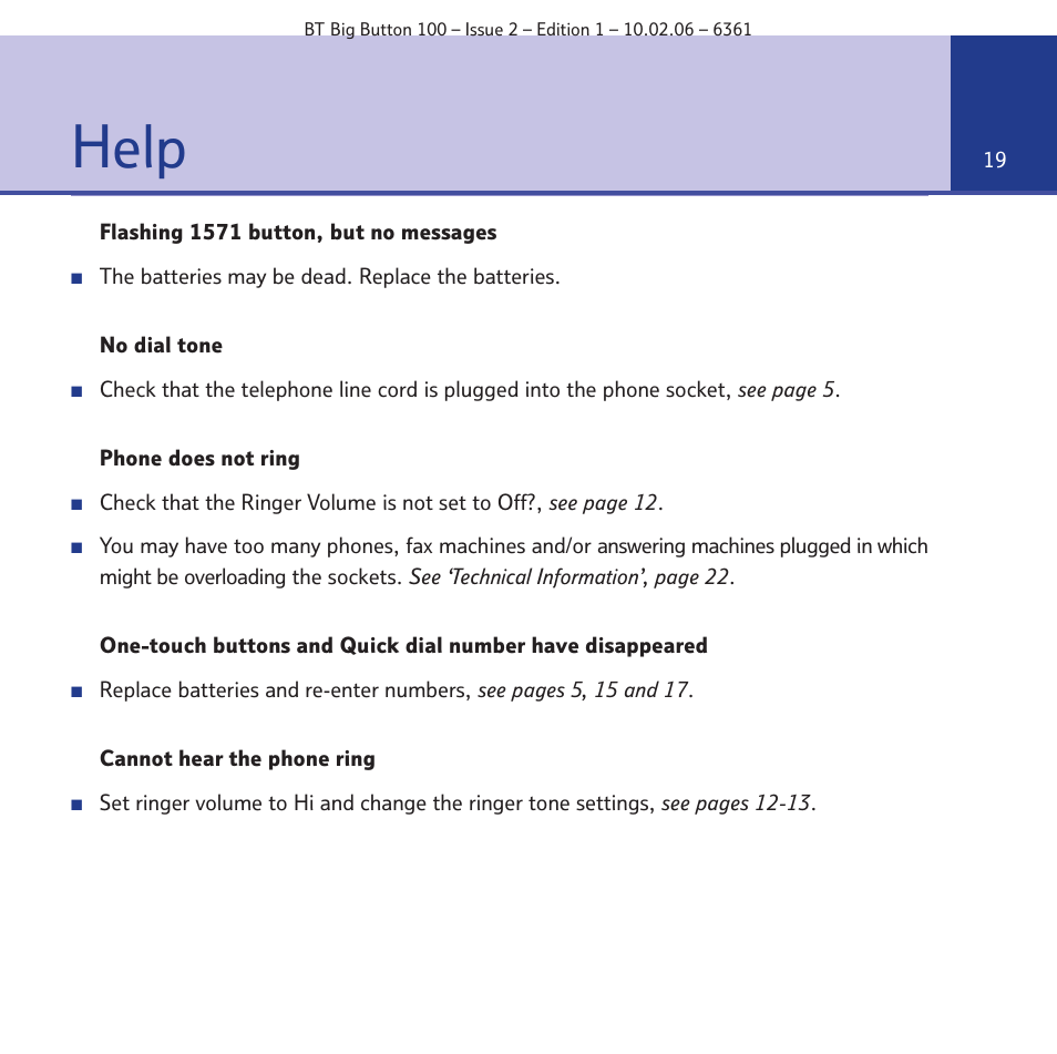 Help | BT Big Button 100 User Manual | Page 19 / 28