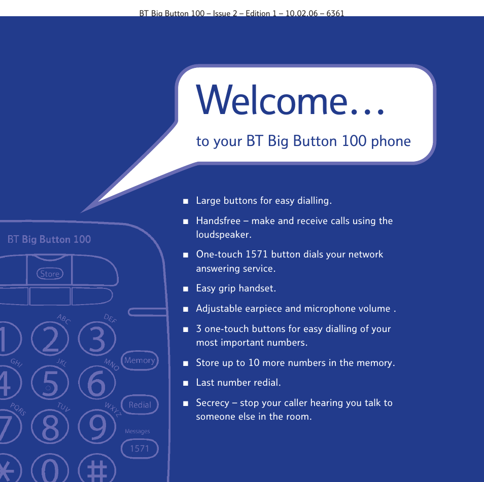 Welcome | BT Big Button 100 User Manual | Page 2 / 28