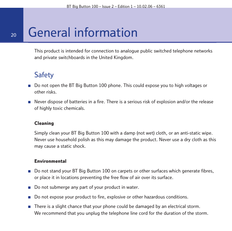 General information, Safety | BT Big Button 100 User Manual | Page 20 / 28