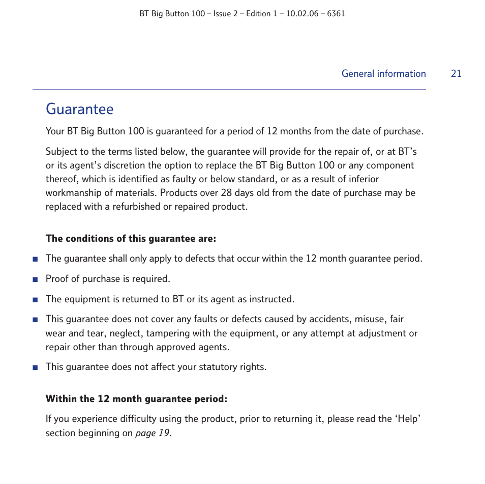 Guarantee | BT Big Button 100 User Manual | Page 21 / 28