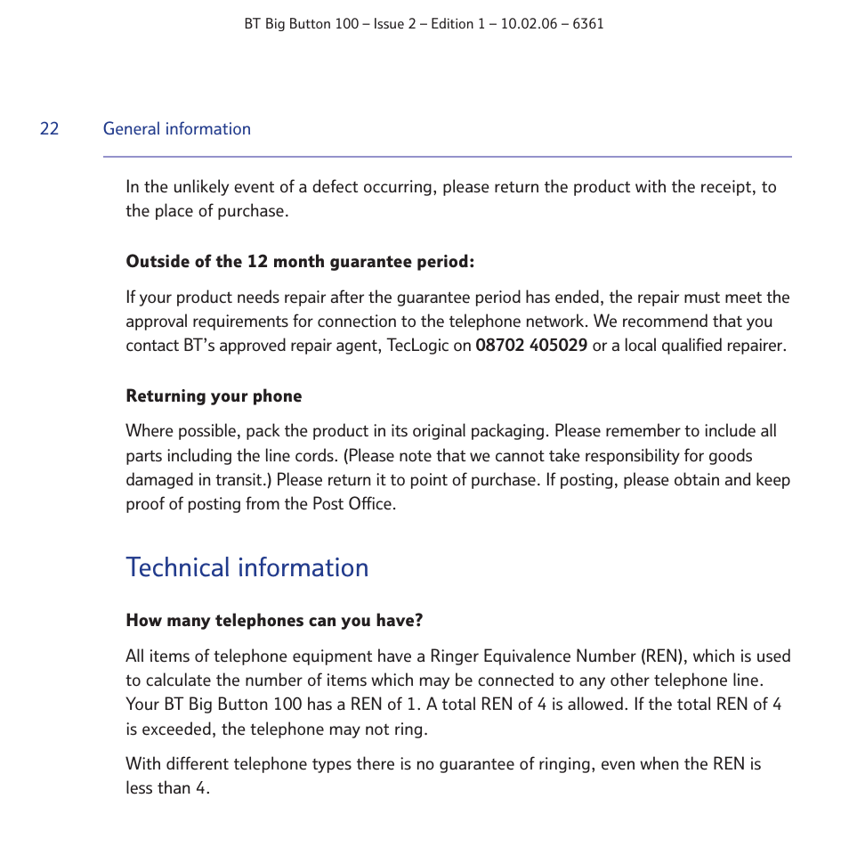 Technical information | BT Big Button 100 User Manual | Page 22 / 28