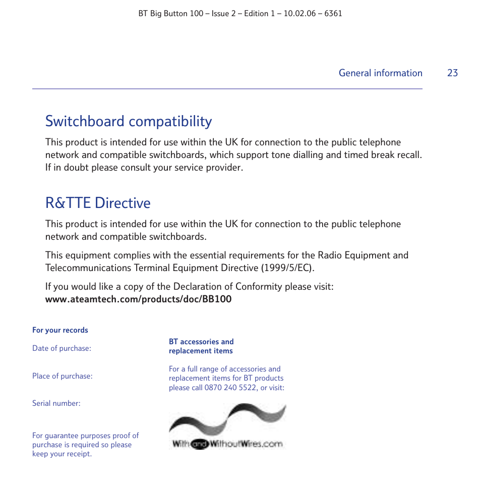 Switchboard compatibility, R&tte directive | BT Big Button 100 User Manual | Page 23 / 28