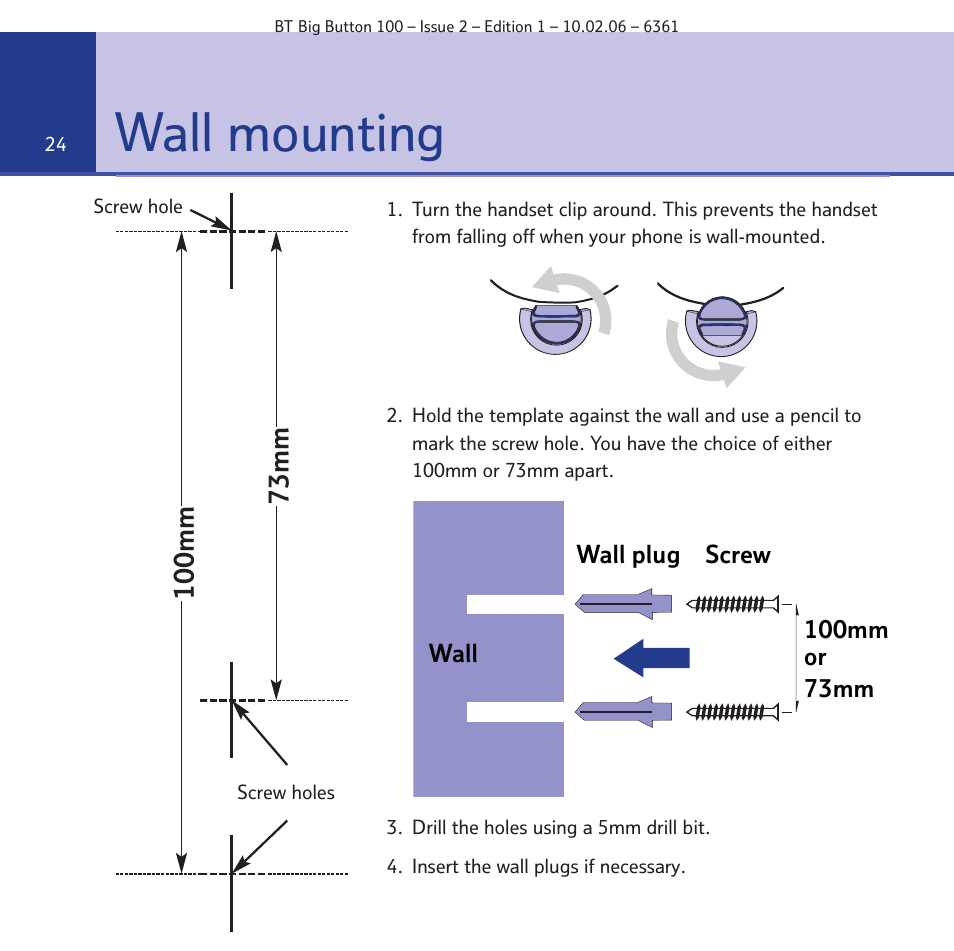 Wall mounting | BT Big Button 100 User Manual | Page 24 / 28