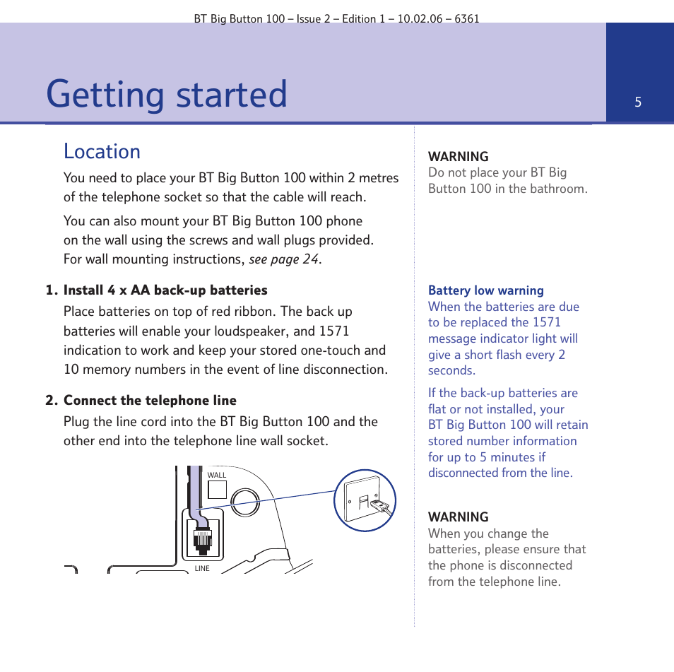 Getting started, Location | BT Big Button 100 User Manual | Page 5 / 28