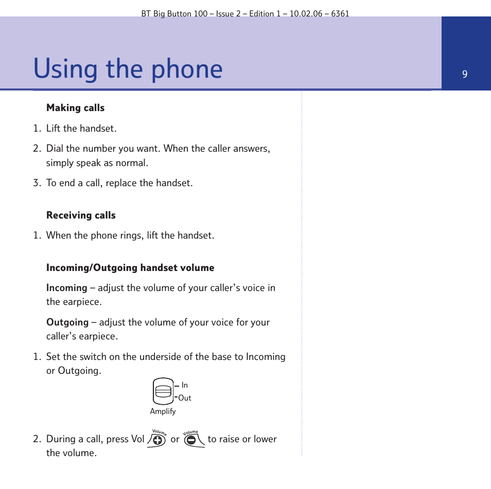 Using the phone | BT Big Button 100 User Manual | Page 9 / 28