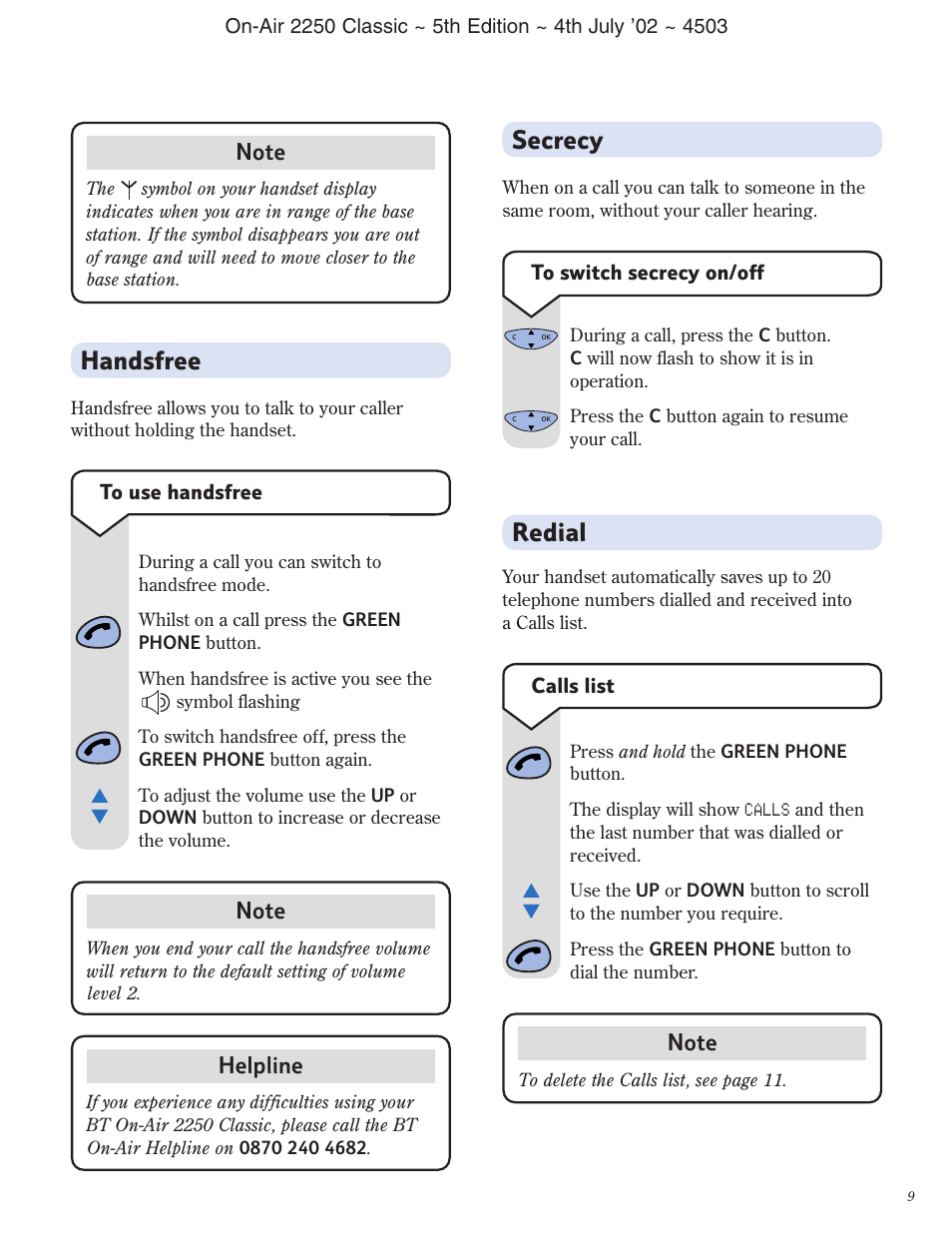 Redial, Secrecy, Handsfree | Helpline | BT 2100 Classic User Manual | Page 10 / 42
