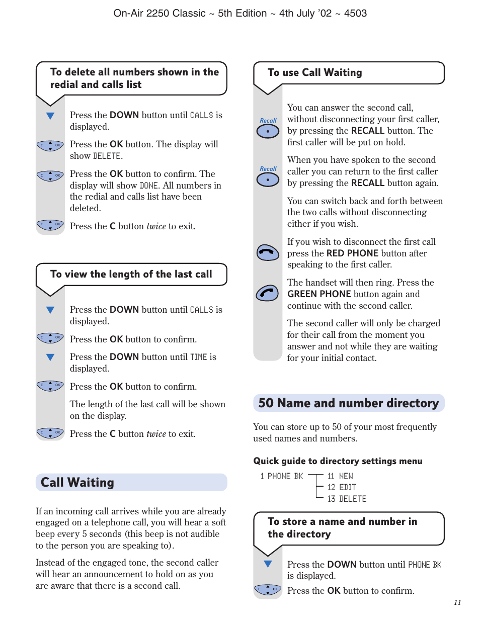 Call waiting, 50 name and number directory | BT 2100 Classic User Manual | Page 12 / 42