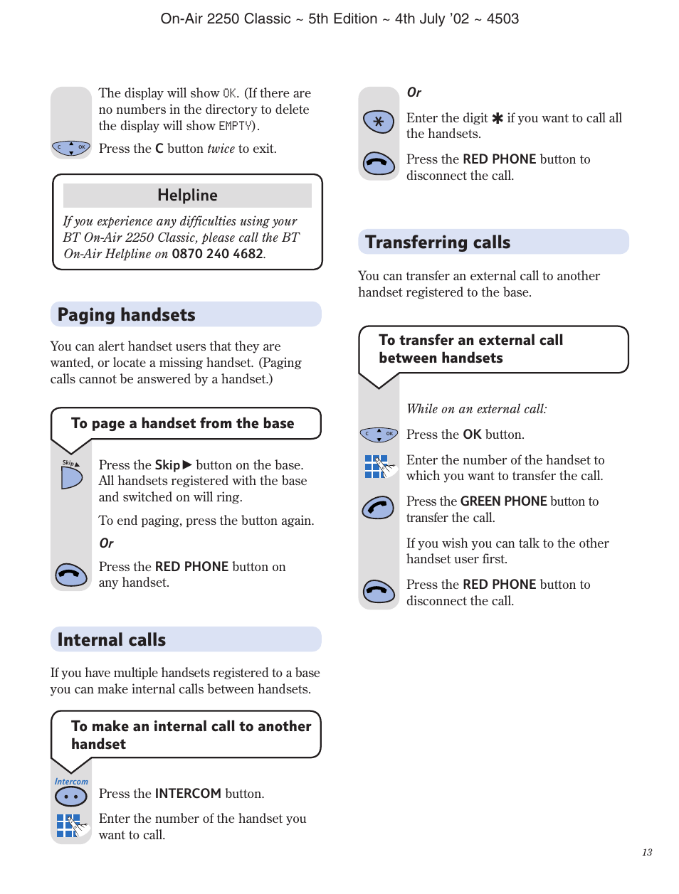 Transferring calls, Internal calls, Paging handsets | Helpline | BT 2100 Classic User Manual | Page 14 / 42