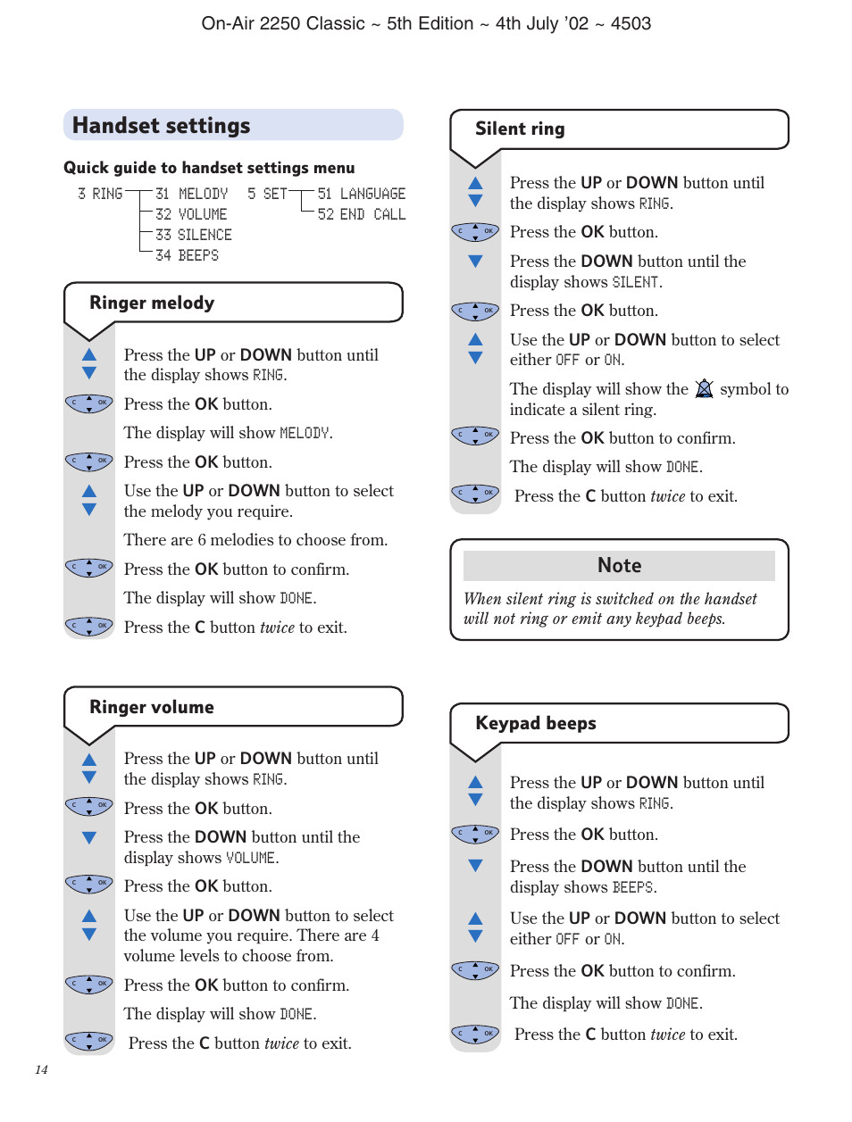 Handset settings, Silent ring, Keypad beeps | Ringer volume, Ringer melody | BT 2100 Classic User Manual | Page 15 / 42