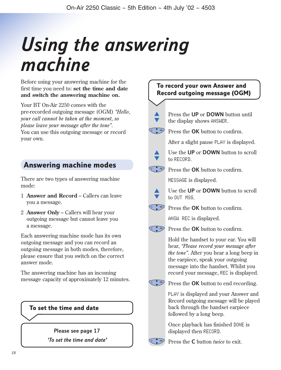 Using the answering machine, Answering machine modes | BT 2100 Classic User Manual | Page 19 / 42