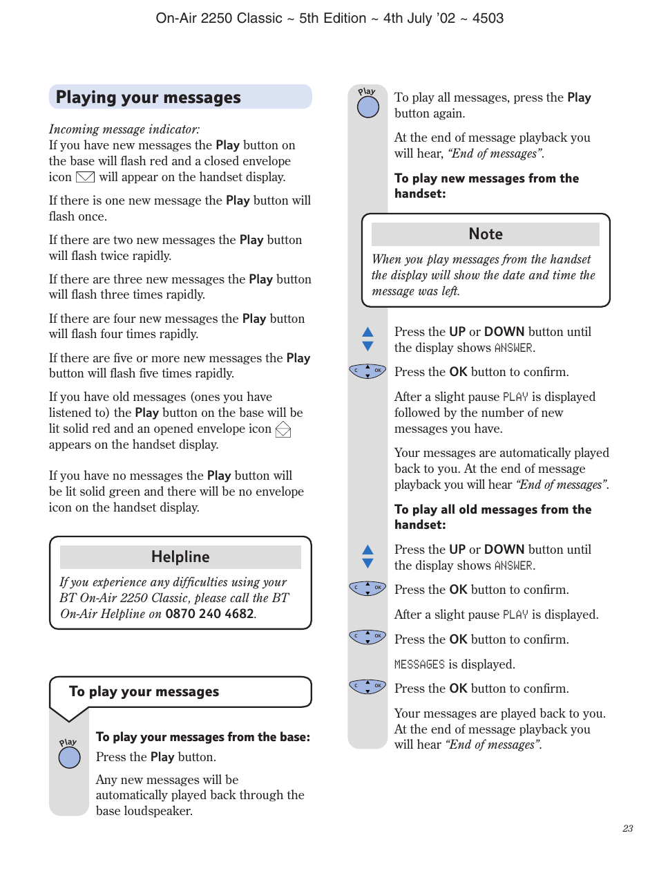 Playing your messages, Helpline | BT 2100 Classic User Manual | Page 24 / 42