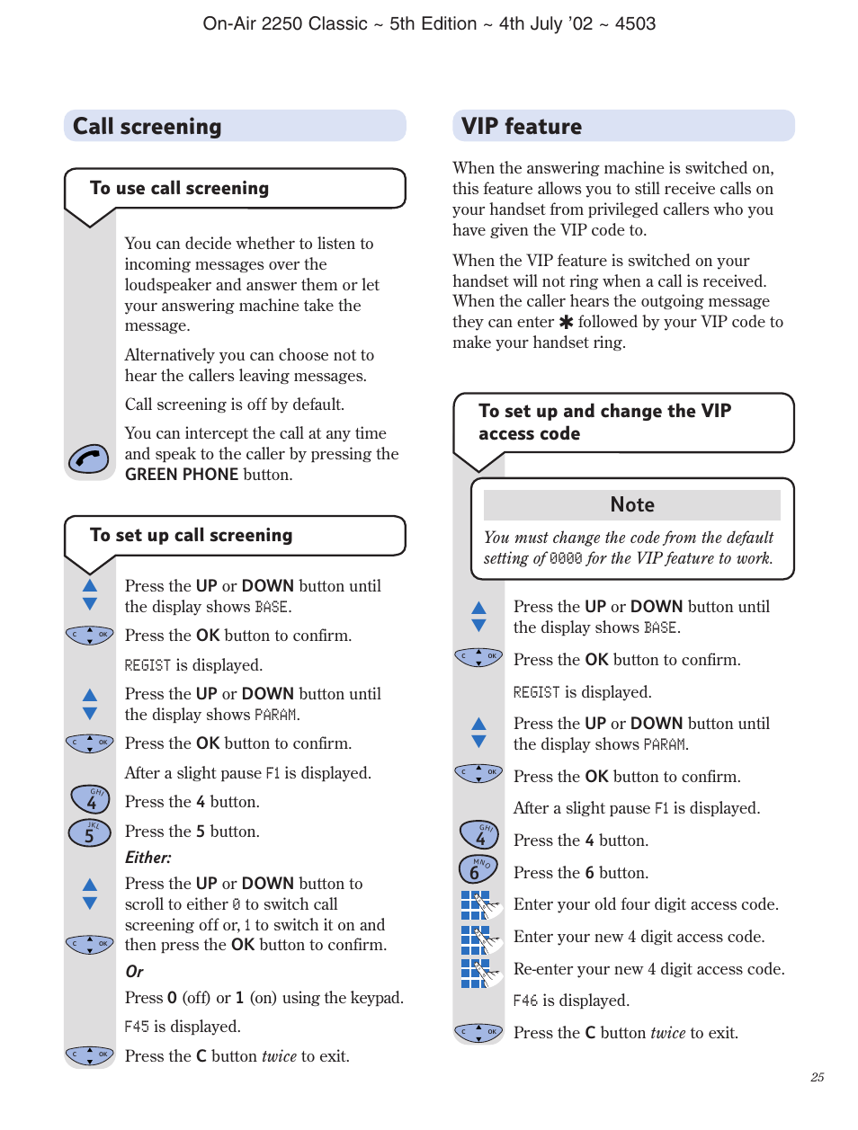 Vip feature, Call screening | BT 2100 Classic User Manual | Page 26 / 42