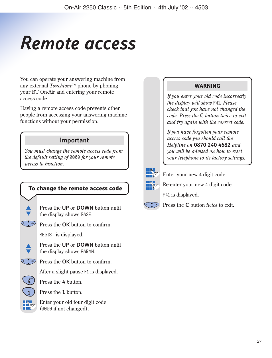 Remote access, Important | BT 2100 Classic User Manual | Page 28 / 42