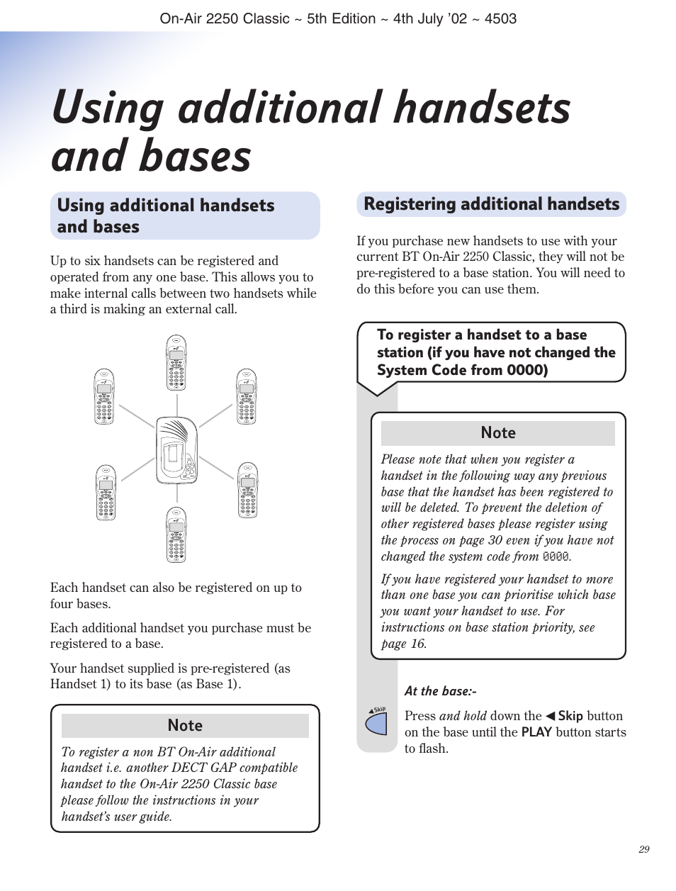 Using additional handsets and bases, Registering additional handsets, De lete an swer ᮤ ski p skip ᮣ bt on-air 1250 | Wxyz, Pqrs c ok | BT 2100 Classic User Manual | Page 30 / 42