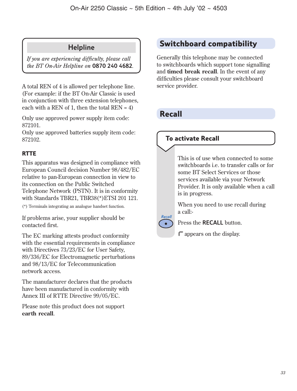 Switchboard compatibility, Recall, Helpline | BT 2100 Classic User Manual | Page 34 / 42