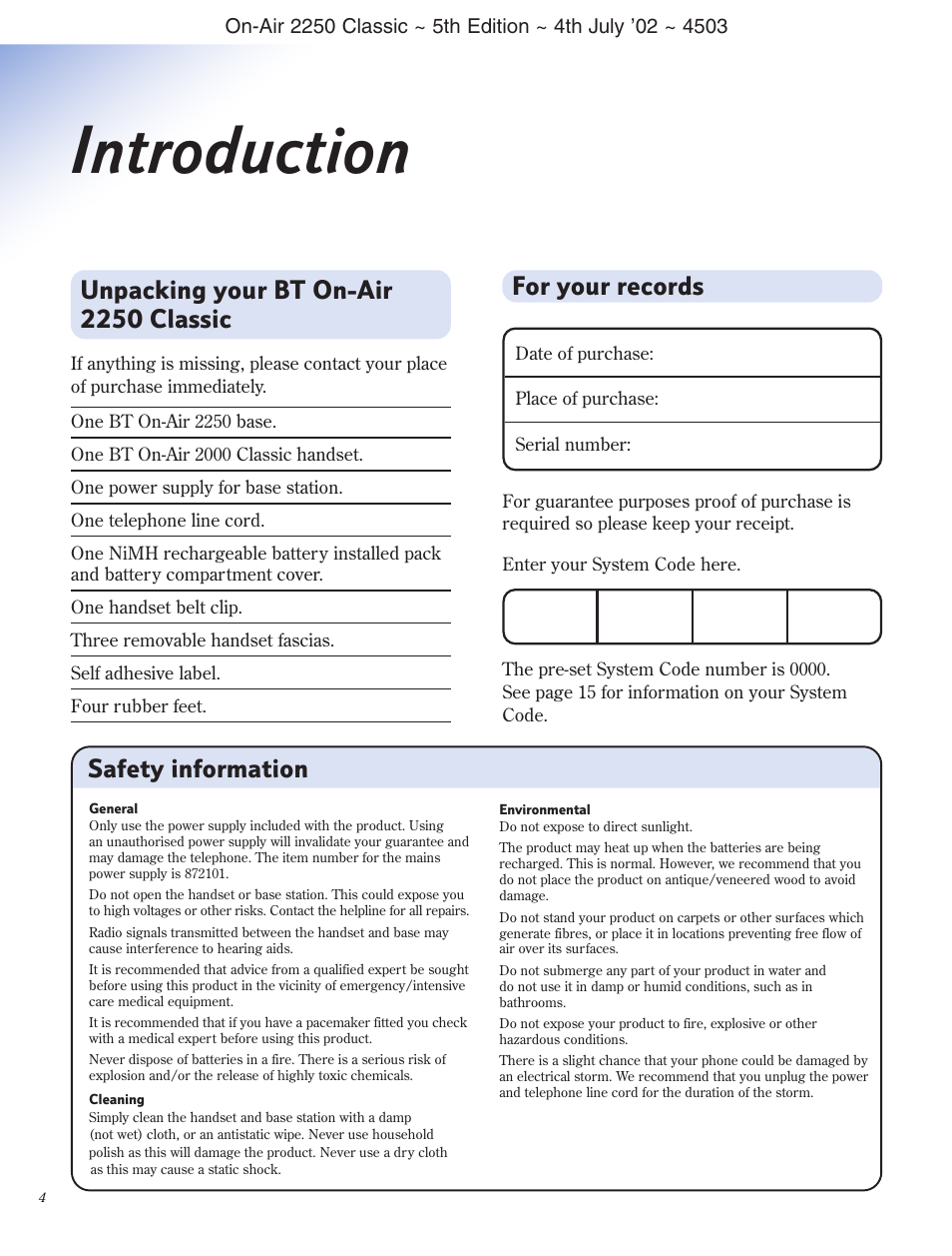 Introduction, For your records, Unpacking your bt on-air 2250 classic | Safety information | BT 2100 Classic User Manual | Page 5 / 42