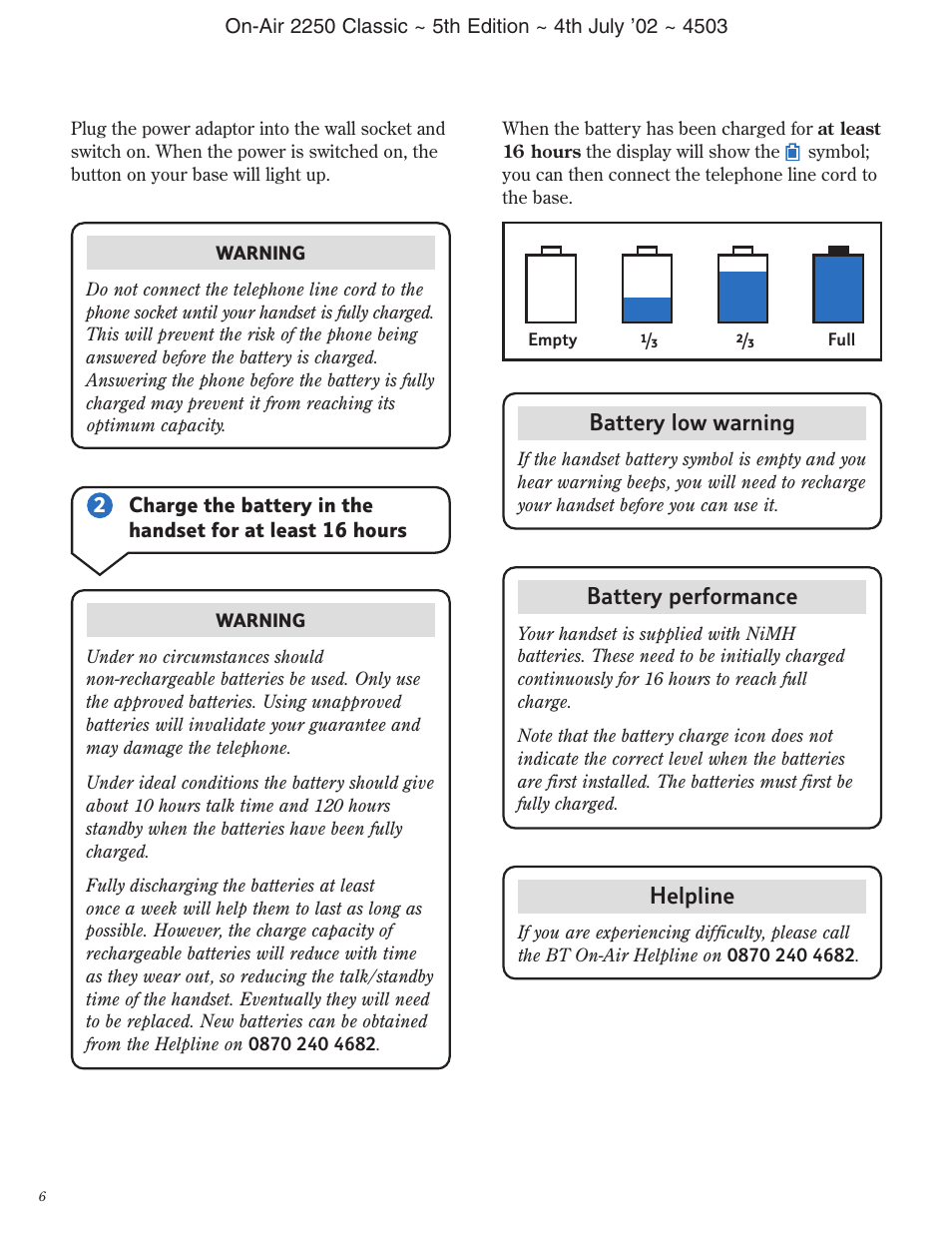 Battery performance, Battery low warning, Helpline | BT 2100 Classic User Manual | Page 7 / 42