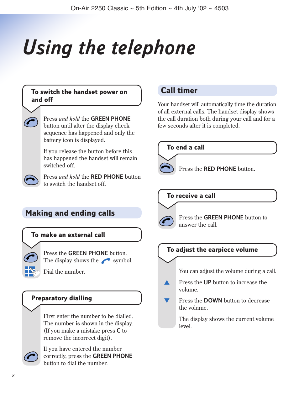 Using the telephone, Making and ending calls call timer | BT 2100 Classic User Manual | Page 9 / 42