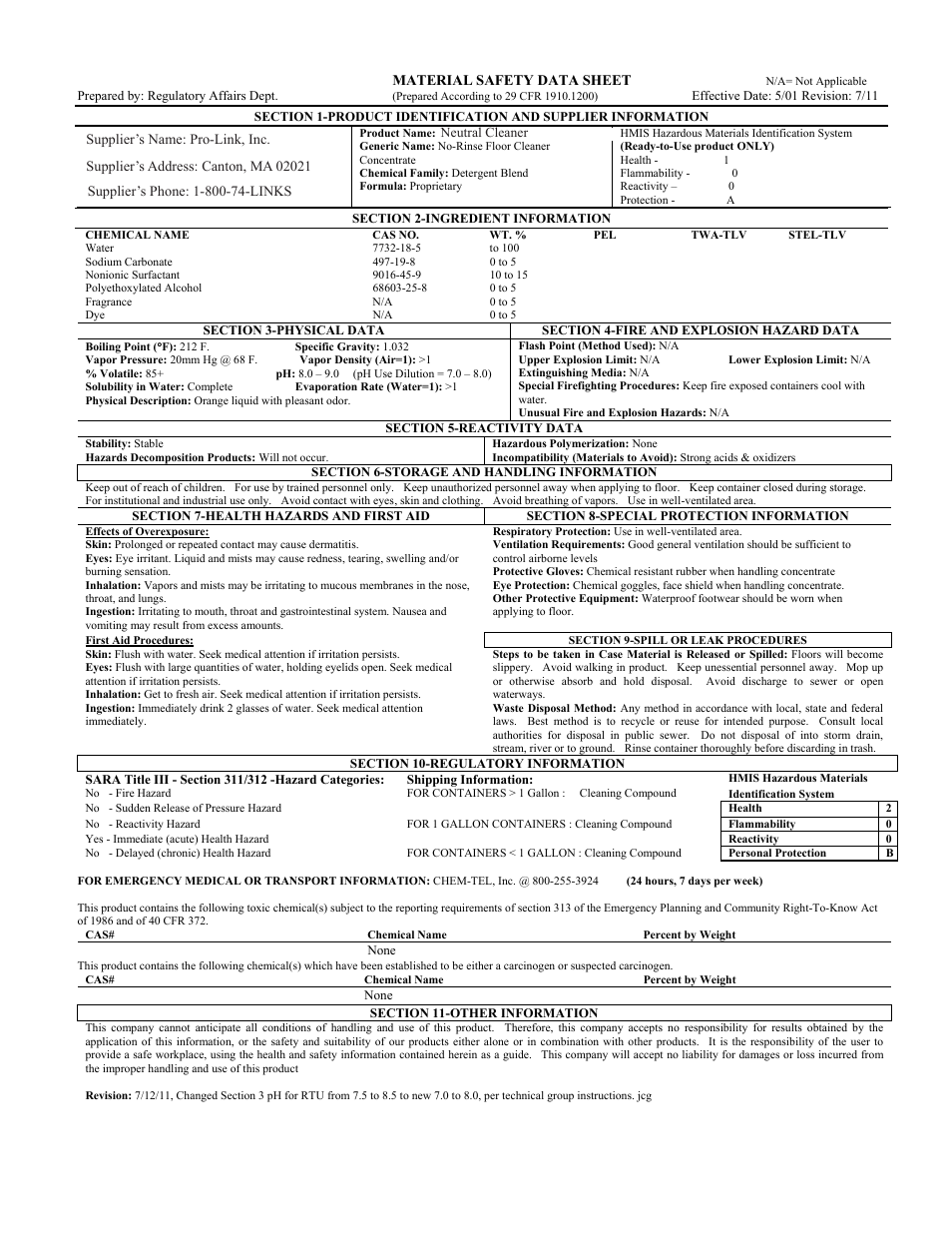 Pro-Link #3 Neutral Cleaner B14200 User Manual | 1 page