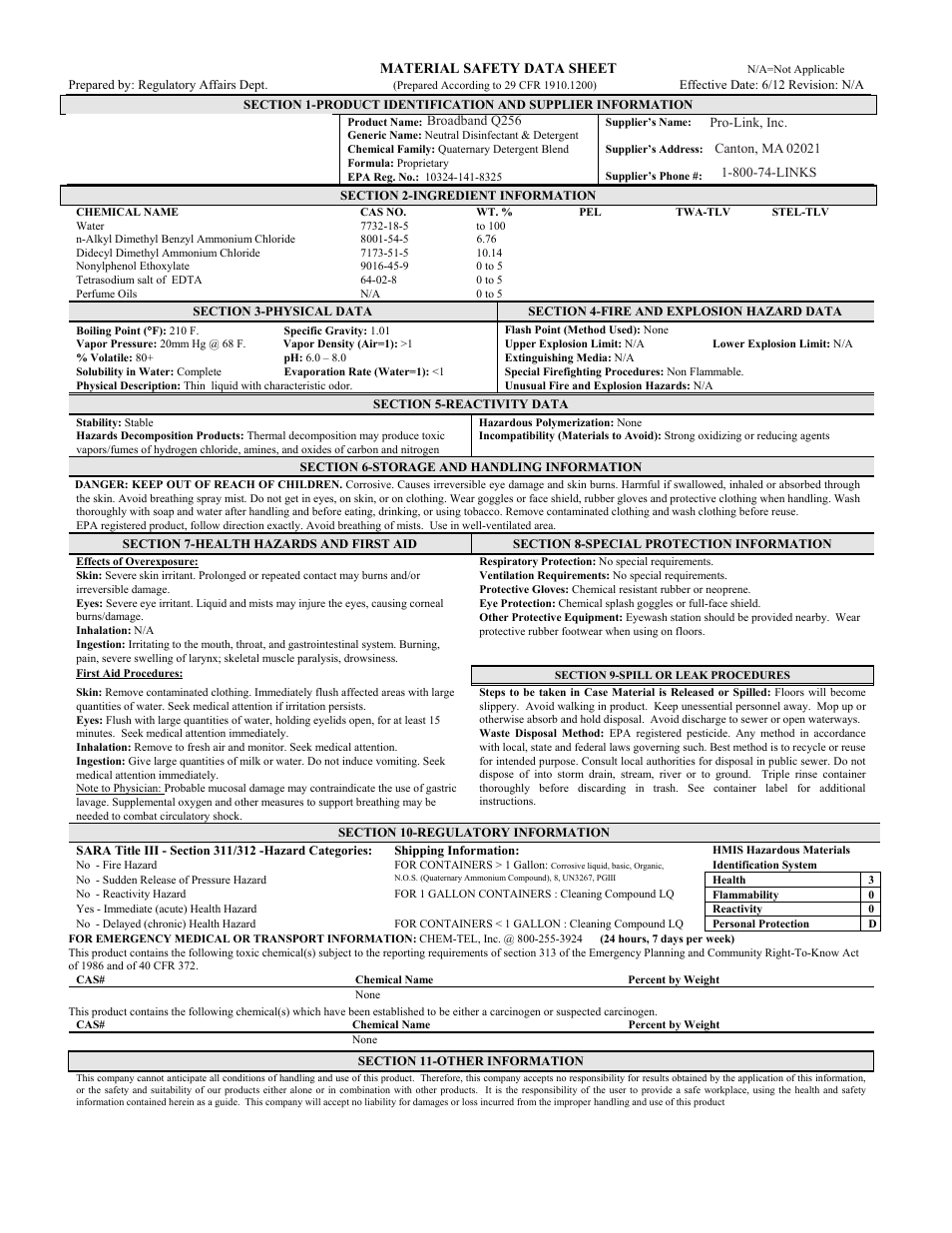 Pro-Link Broadband Q256 Neutral Disinfectant & Detergent B14228 User Manual | 1 page