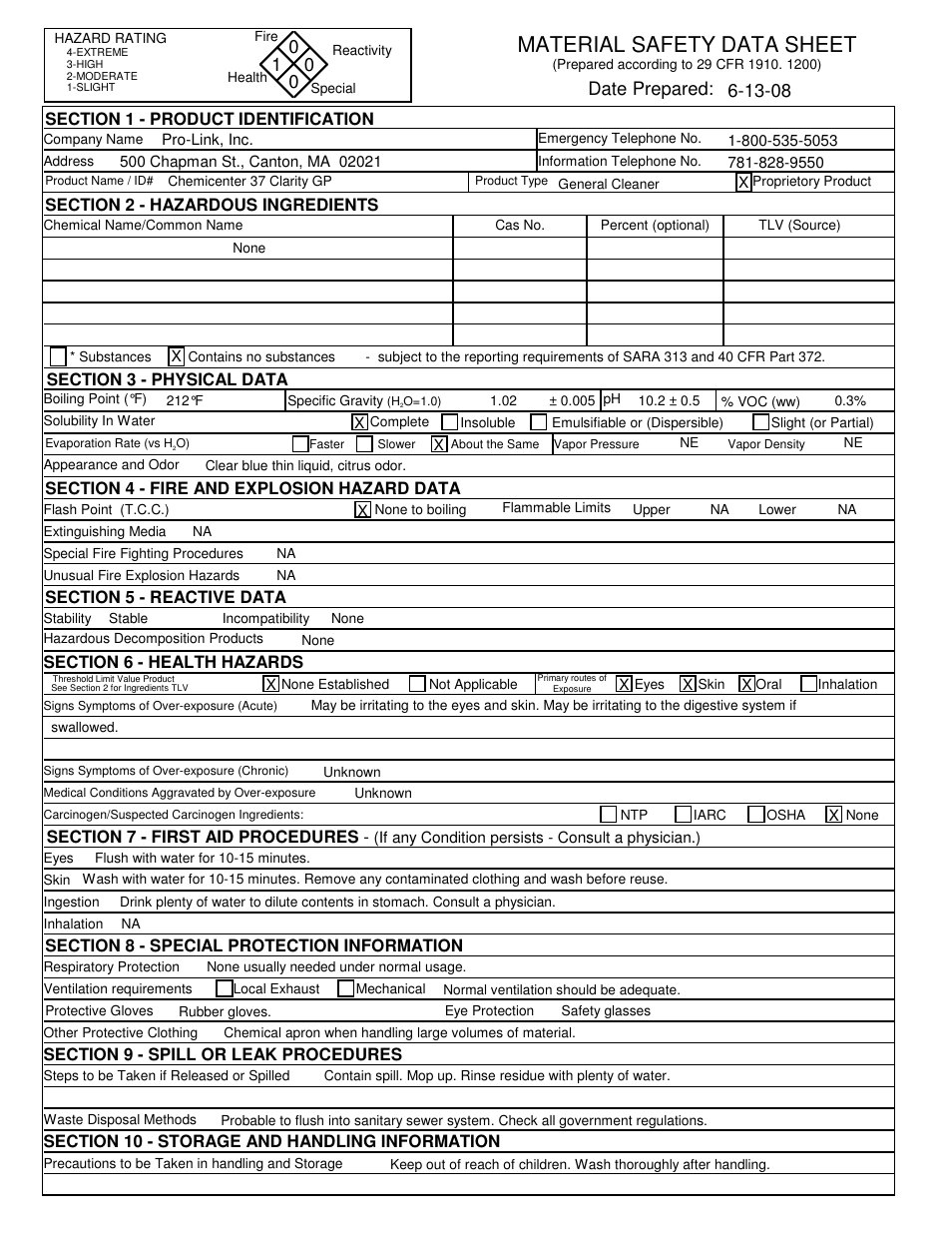 Pro-Link #37 ChemiCenter Clarity GP D11425 User Manual | 1 page