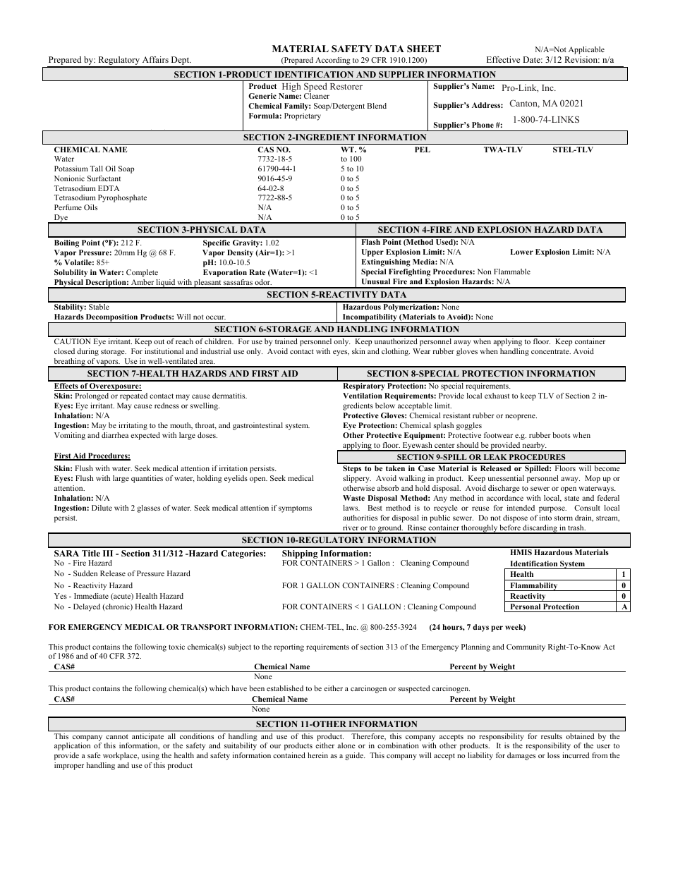 Pro-Link #15 High Speed Restorer B14212 User Manual | 1 page