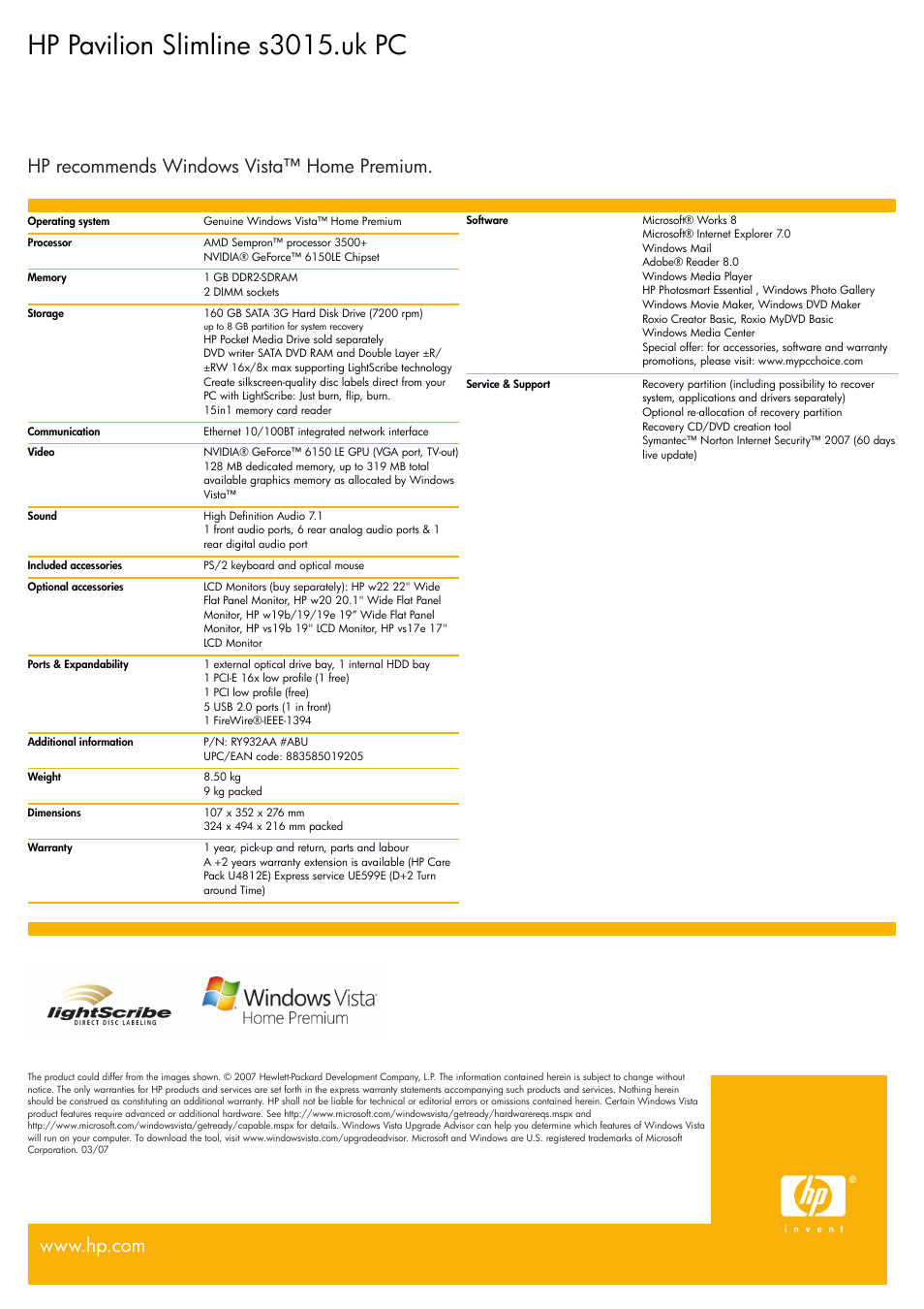 Hp pavilion slimline s3015.uk pc | BT s3015.uk User Manual | Page 2 / 2