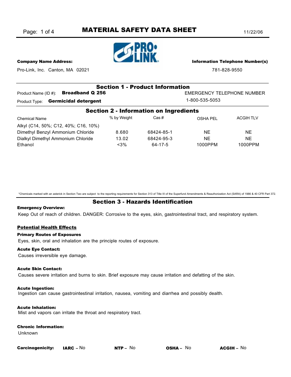 Pro-Link Broadband Q 256 -Disinfectant Cleaner & Deodorizer D10847 User Manual | 4 pages