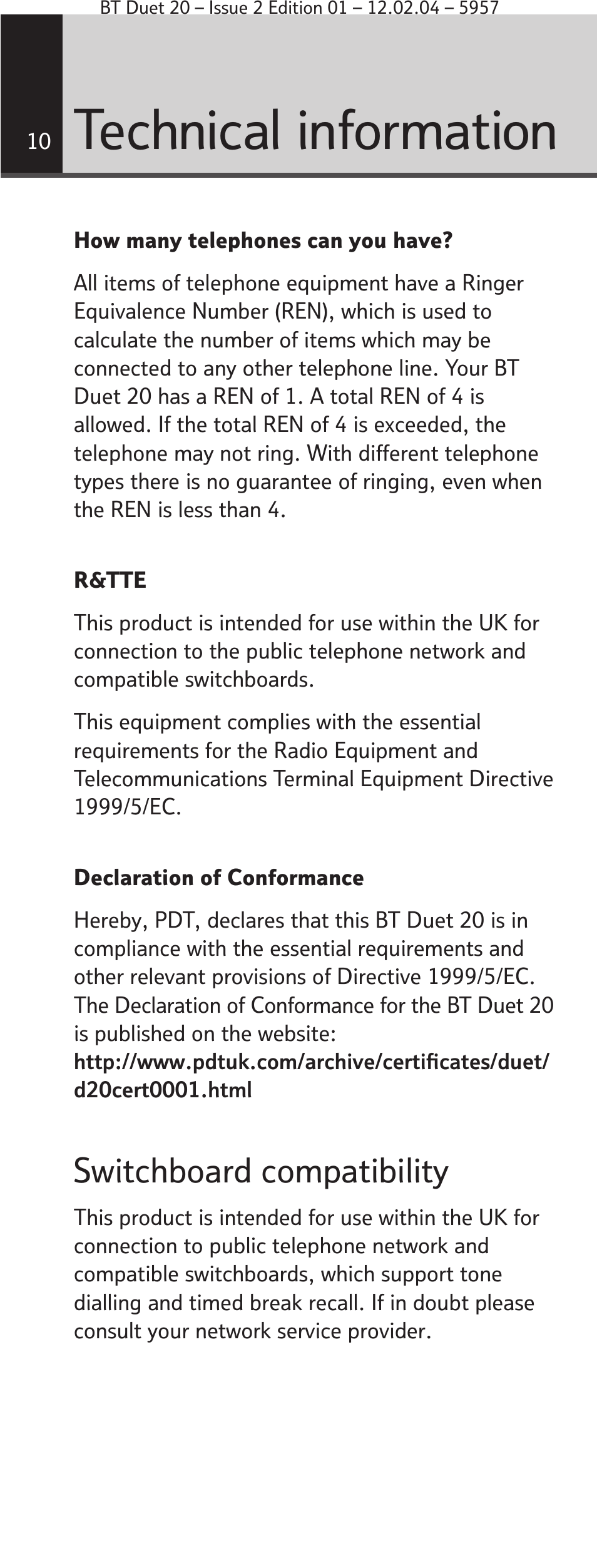 Technical information, Switchboard compatibility | BT Duet 20 User Manual | Page 10 / 12